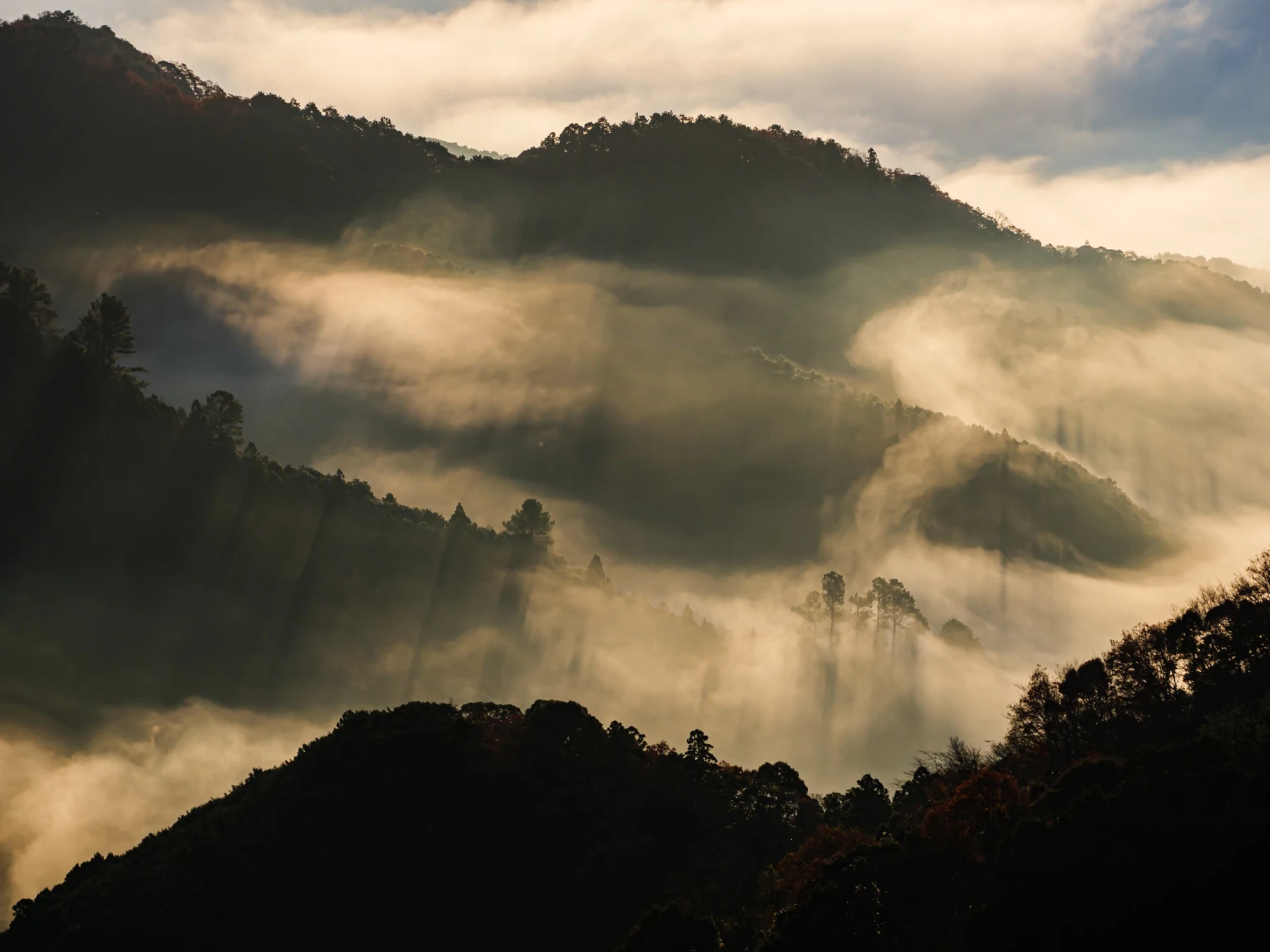 Morning mist threading through mountains near Aizu Pass, Mie
