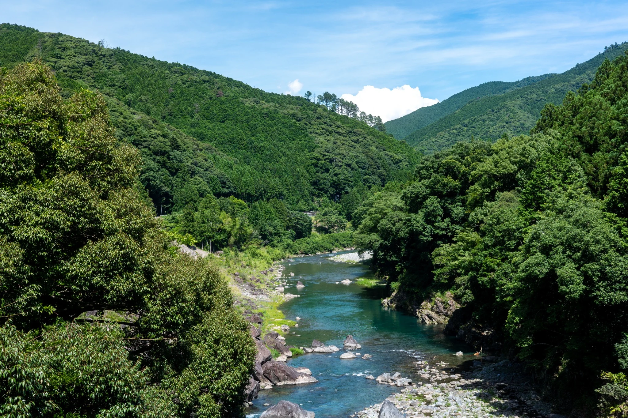 The Miyagawa River flowing through forested mountains in Ōdai, Mie